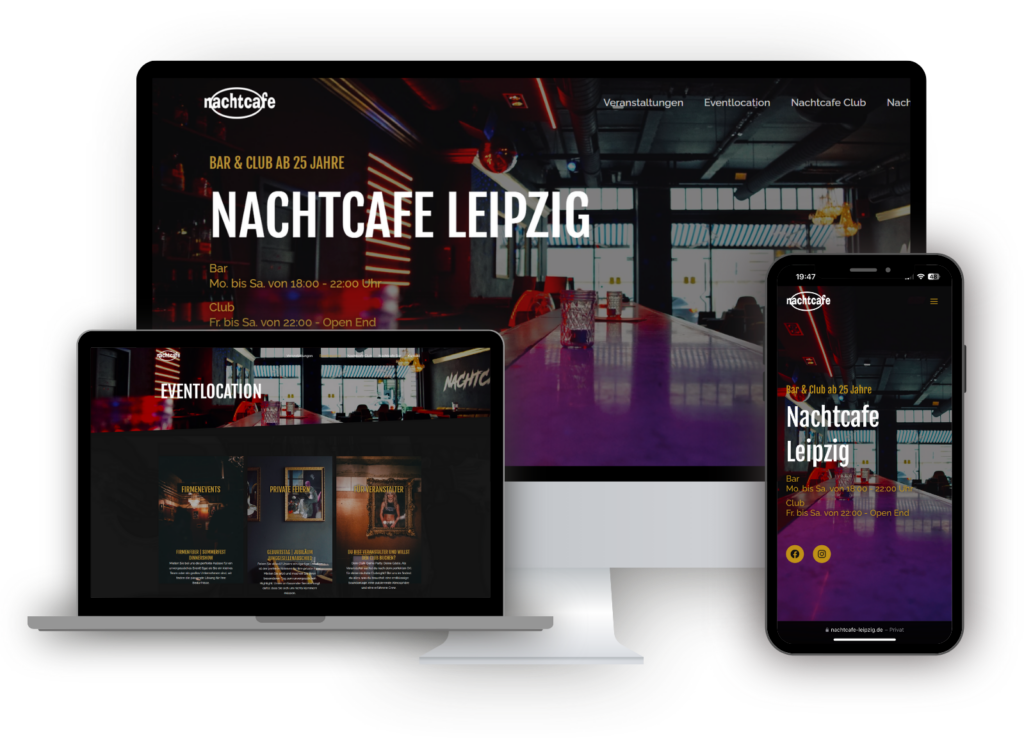Webdesign & SEO Agentur - WordWerkWeb Leipzig 1 Nachtcafé Leipzig Design – Web, Mobil und Tablet Ansicht